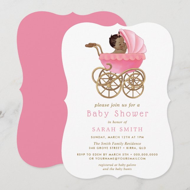 Cute Baby in Stroller Pram Pink Baby Shower v2 Invitation (Front/Back)