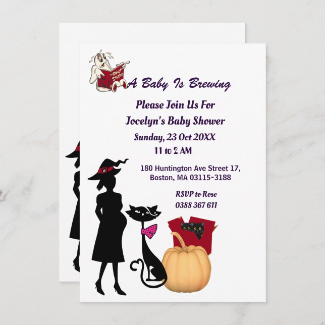 Cute Baby is Brewing Witch Cat Ghost Baby Shower Invitation (Front/Back)