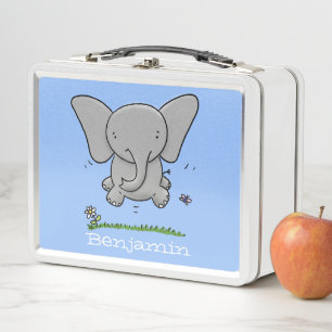 Cute baby jumping elephant cartoon illustration metal lunch box