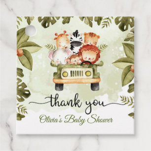 Cute baby jungle animals safari truck baby shower favour tags
