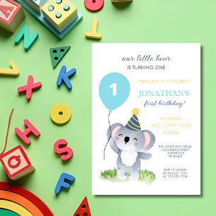 Cute Baby Koala Balloon Party Hat Birthday Invitation