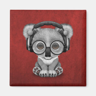 Cute Baby Koala Bear Dj Wearing Headphones on Red Magnet