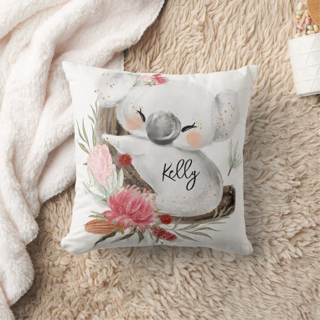 Cute Baby Koala Gold Speckle Custom Name Cushion (Blanket)
