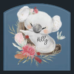 Cute Baby Koala Gold Speckle Custom Name         Door Sign<br><div class="desc">Featuring cute baby koala and flower wreath with gold speckles. Ideal for a birthday gift, nursery decor, kids room art, home decor, and other occasions. Easy customisation of your kids name and font using the "Personalisation button". You can also "Transfer design to a product" on other Zazzle products and adjust...</div>