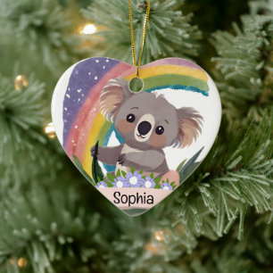 Cute Baby Koala Rainbow Custom Name Ceramic Ornament