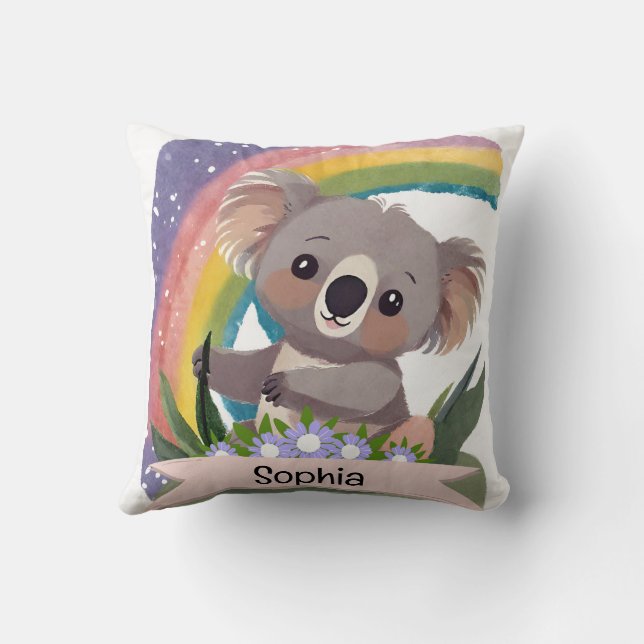 Cute Baby Koala Rainbow Custom Name Cushion (Back)