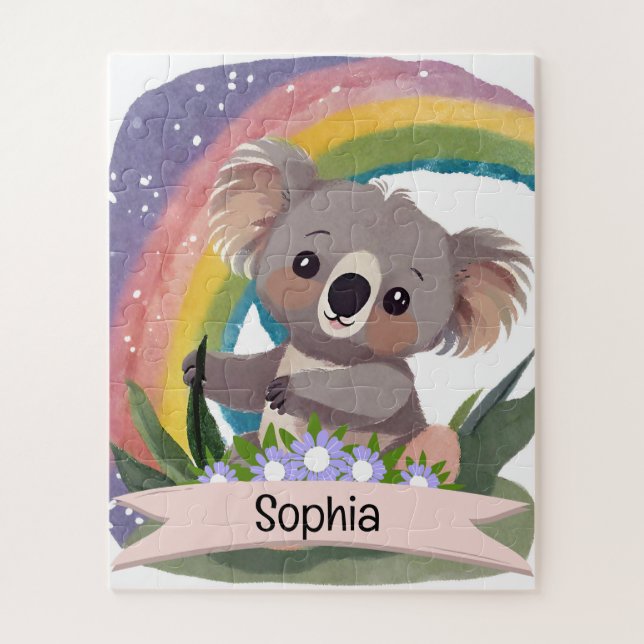 Cute Baby Koala Rainbow Custom Name Jigsaw Puzzle (Vertical)
