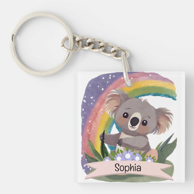 Cute Baby Koala Rainbow Custom Name Key Ring (Front)