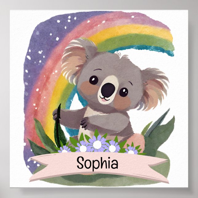 Cute Baby Koala Rainbow Custom Name Poster (Front)