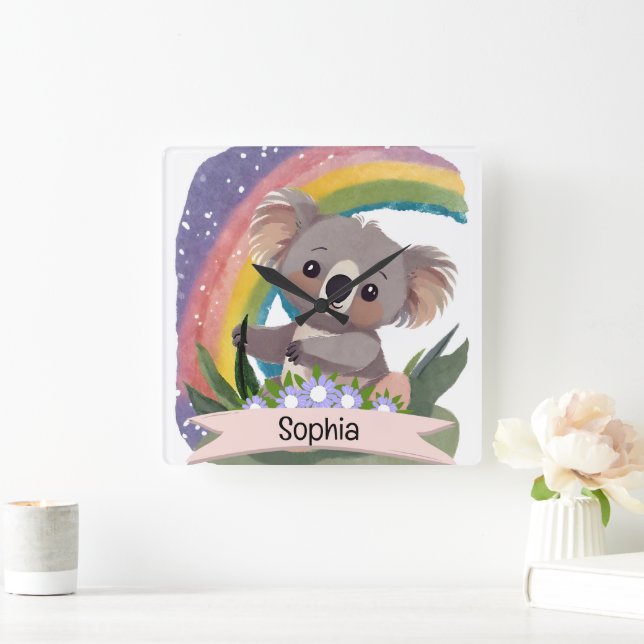 Cute Baby Koala Rainbow Custom Name Square Wall Clock (Home)