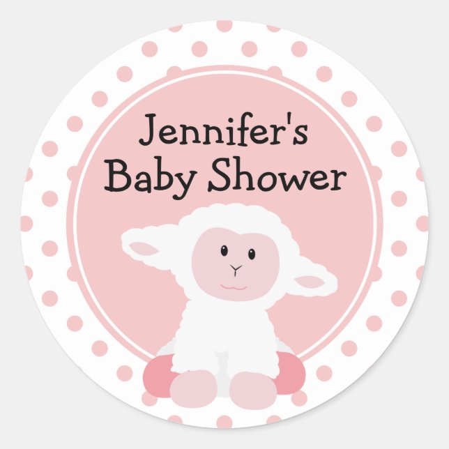 Cute Baby Lamb and Polka Dots Personalised Classic Round Sticker (Front)