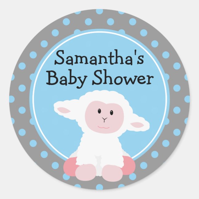 Cute Baby Lamb and Polka Dots Personalised Classic Round Sticker (Front)