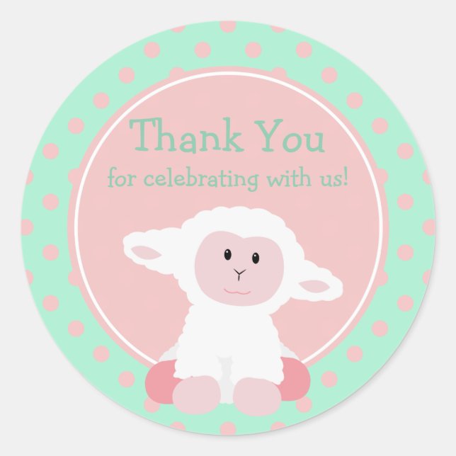 Cute Baby Lamb and Polka Dots Thank You Classic Round Sticker (Front)
