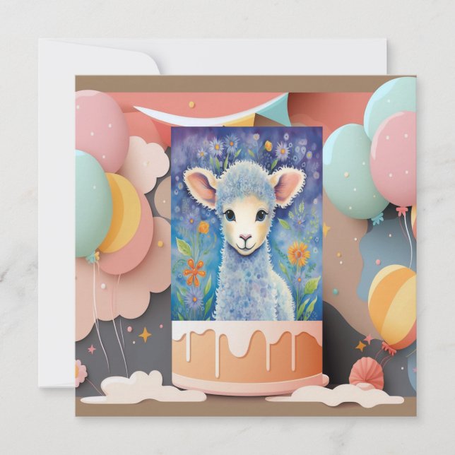 Cute Baby Lamb Birthday Invitation (Front)