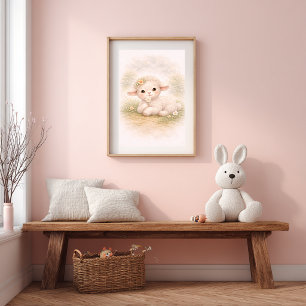 Cute Baby Lamb & Flower Nursery Room Kids Poster