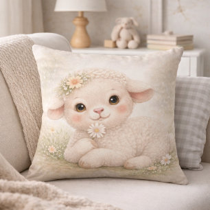 Cute Baby Lamb With Flower Neutral Kids Room Cushion