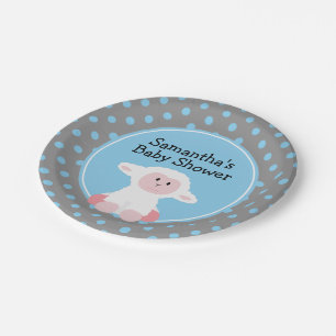 Cute Baby Lamb with Polka Dots Baby Shower Paper Plate