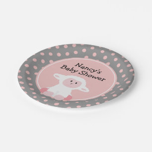 Cute Baby Lamb with Polka Dots Baby Shower Paper Plate