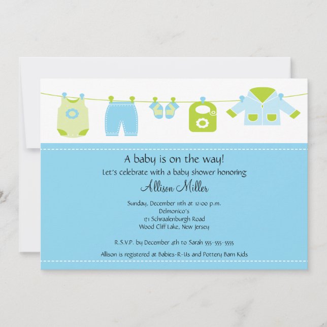 Cute Baby Laundry Clothesline Boy Baby Shower Invitation (Front)