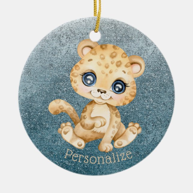 Cute Baby Leopard Blue Glitter Personalise Ceramic Ornament (Front)