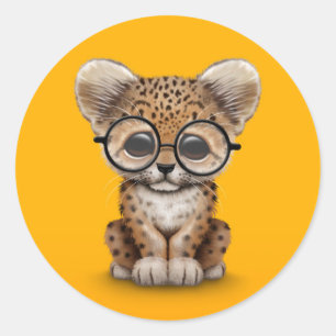 Cute Baby Leopard Cub Wearing Glasses on Yellow Classic Round Sticker