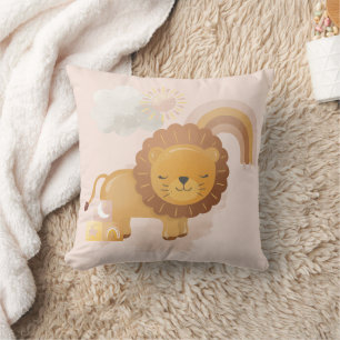 Cute Baby Lion Cub & Boho Rainbow on Pink Cushion