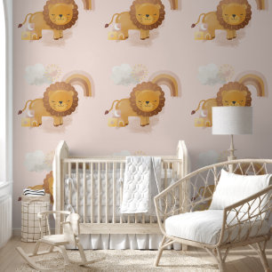 Cute Baby Lion Cub & Boho Rainbow on Pink Wallpaper