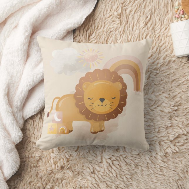 Cute Baby Lion Cub & Boho Rainbow on Soft Beige Cushion (Blanket)