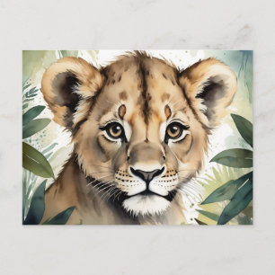 Cute Baby Lion Face Portrait in Jungle Minimalist Postcard
