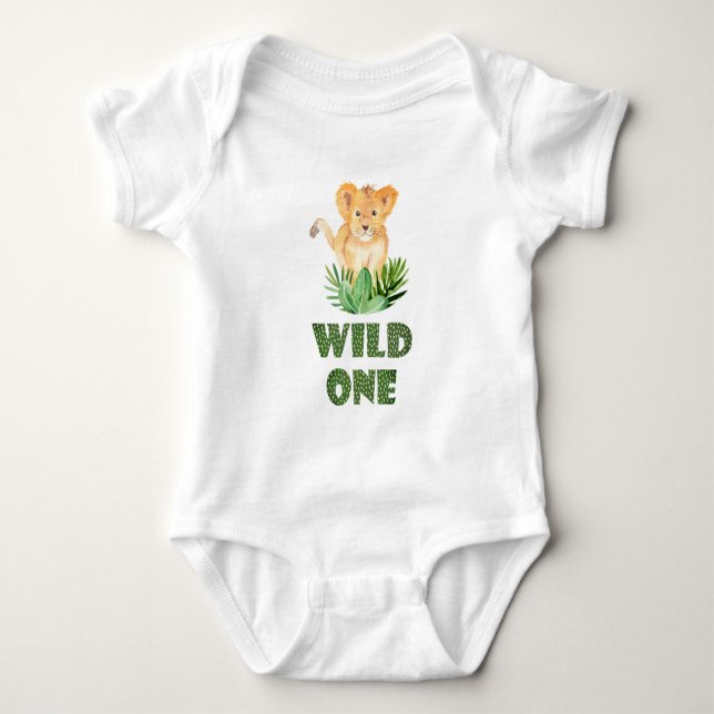 Cute Baby Lion in the woods Wild One Lettering Bodysuit (Front)