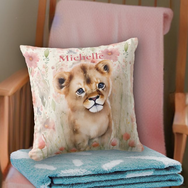 Cute Baby Lion Pastel Watercolor Spring Flowers Cushion (Creator Uploaded)