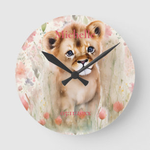 Cute Baby Lion Pastel Watercolor Spring Flowers Round Clock