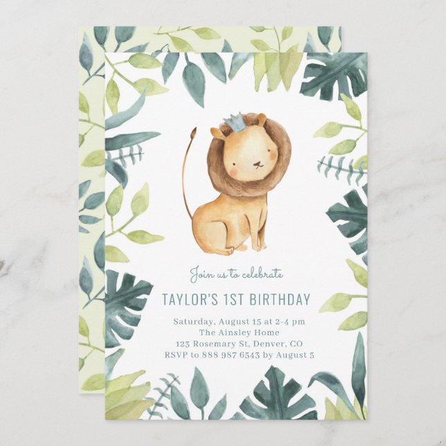 Cute Baby Lion Prince Tropical Jungle Birthday Invitation (Front/Back)