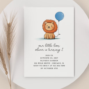 Cute Baby Lion with Blue Balloon Kids Birthday Invitation