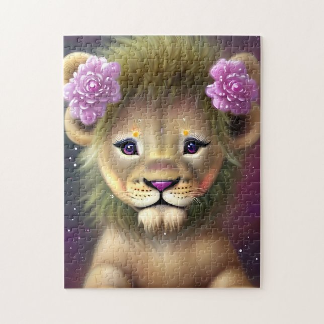 Cute Baby Lion with Pink Flowers Graphic  Jigsaw Puzzle (Vertical)