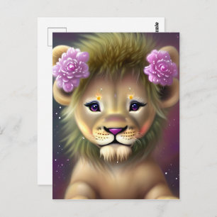 Cute Baby Lion with Pink Flowers Graphic Postcard