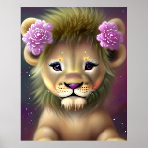 Cute Baby Lion with Pink Flowers Graphic Poster