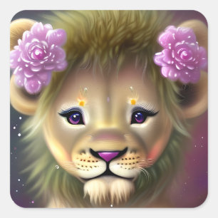 Cute Baby Lion with Pink Flowers Graphic  Square Sticker