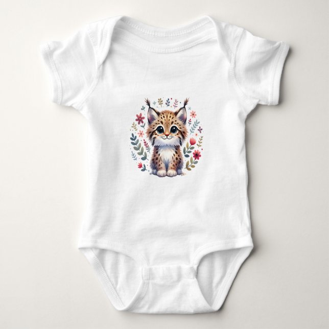 Cute Baby Lynx with Flowers Baby Bodysuit (Front)