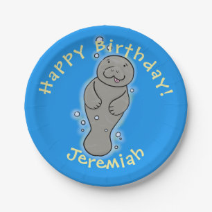 Cute baby manatee personalised birthday paper plate