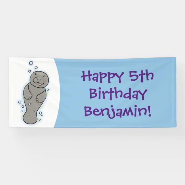Cute baby manatee with bubbles illustration banner (Horizontal)