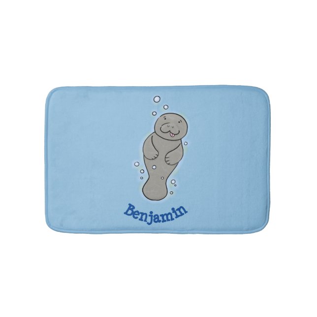 Cute baby manatee with bubbles illustration bath mat (Front)