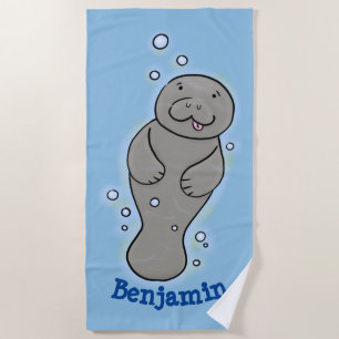 Cute baby manatee with bubbles illustration beach towel