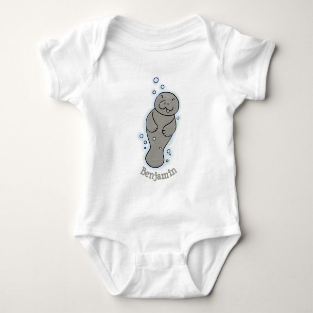 Cute baby manatee with bubbles illustration bodysuit (Front)