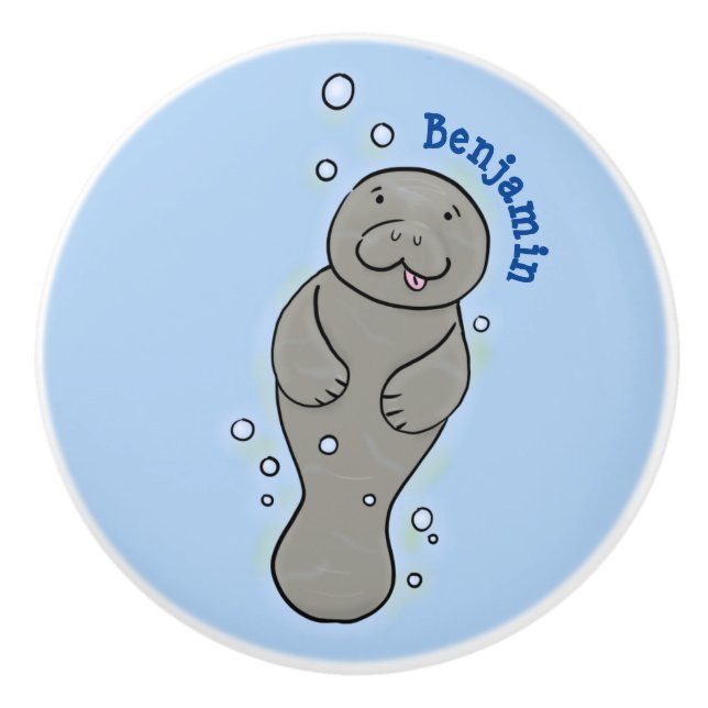 Cute baby manatee with bubbles illustration ceramic knob (Front)