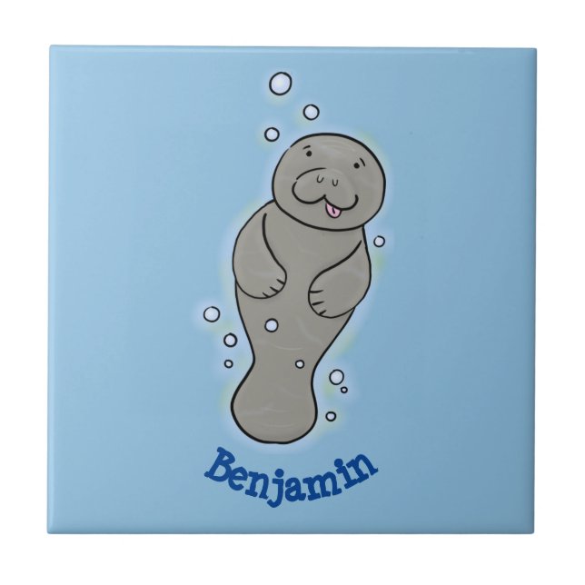 Cute baby manatee with bubbles illustration ceramic tile (Front)