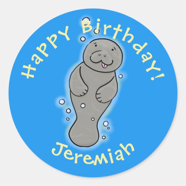 Cute baby manatee with bubbles illustration classic round sticker (Front)