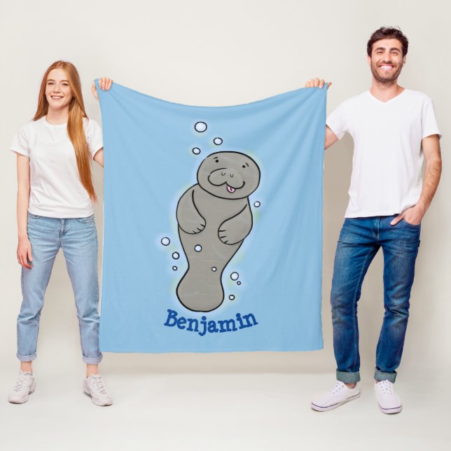 Cute baby manatee with bubbles illustration fleece blanket (In Situ)