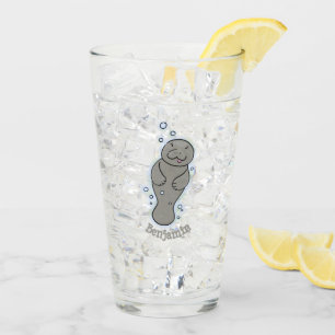 Cute baby manatee with bubbles illustration glass