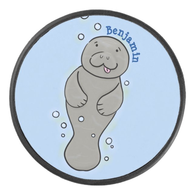 Cute baby manatee with bubbles illustration hockey puck (Front)